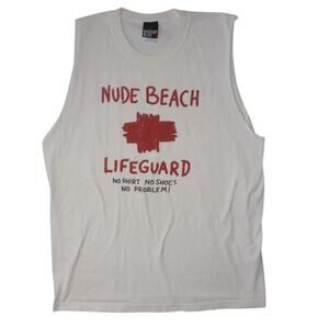 Vintage Anchor Blue Nude Beach Lifeguard Muscle Tee Tank Top XL Funny Graphic